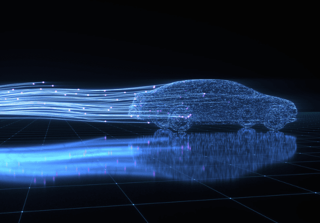 A digital wireframe representation of a car with blue streams illustrating airflow or speed, set against a dark, grid-lined background.
