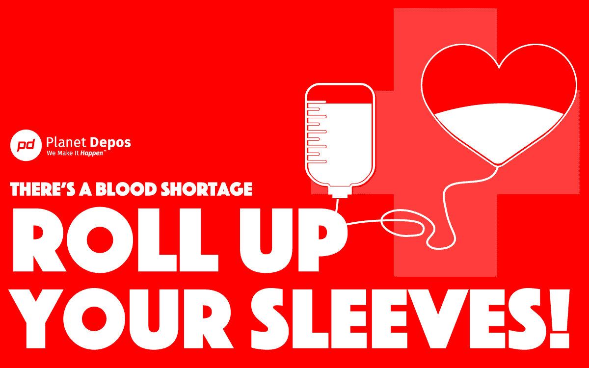 A graphic features a heart and an IV bag connected by tubing, with text urging people to donate blood due to a shortage. The background is red with a cross and Planet Depos logo.